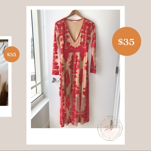 None Dresses & Skirts - Red Lace Floral Maxi Dress